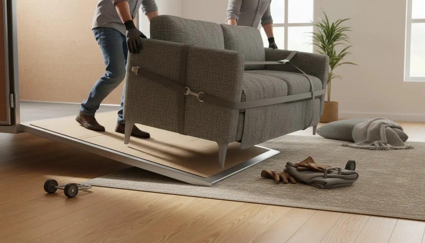 To personer bærer en grå sofa fra en trailer ind i et lyst stuealrum.