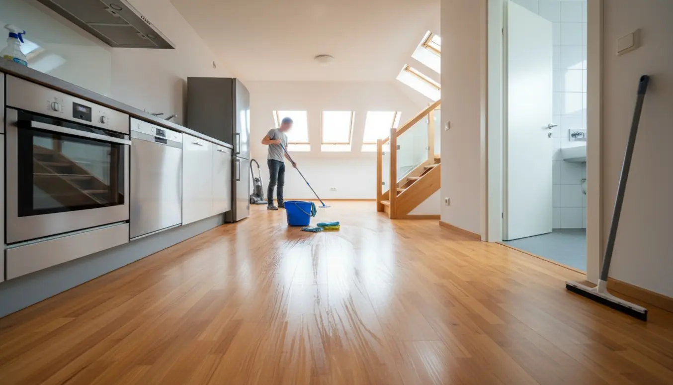 Nyvasket, tom lejlighed med køkken, laminatgulve, skylights og rengøringsredskaber klar til flyttesyn.