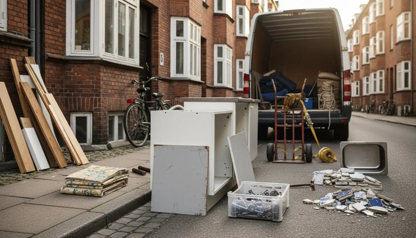 Organiseret byggeaffald fra nedrivning samlet på fortovet foran en lejlighed i Nørrebro klar til afhentning.