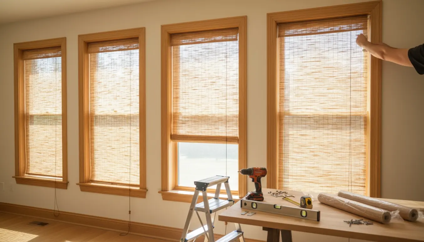 Hænger bambusrullegardiner op på fire vinduer med værktøj og beslag klar.