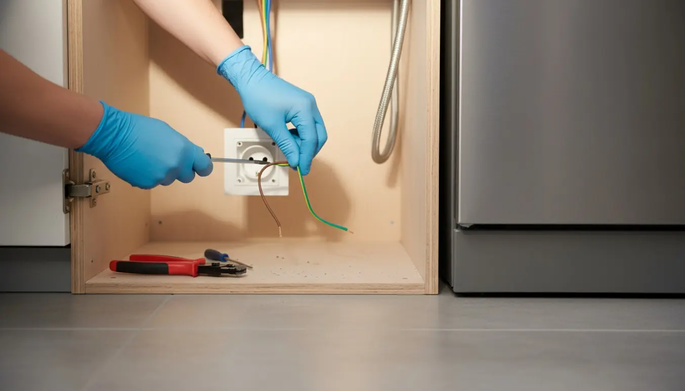 Hænder installerer en stikkontakt til opvaskemaskine inde i et køkkenskab.