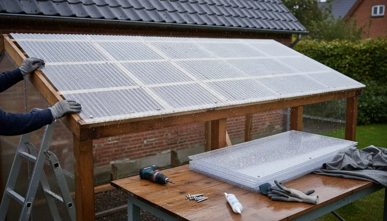 Udskiftning af seks gennemsigtige tagplader på en carport i let regn, med nye plader og værktøj klar.