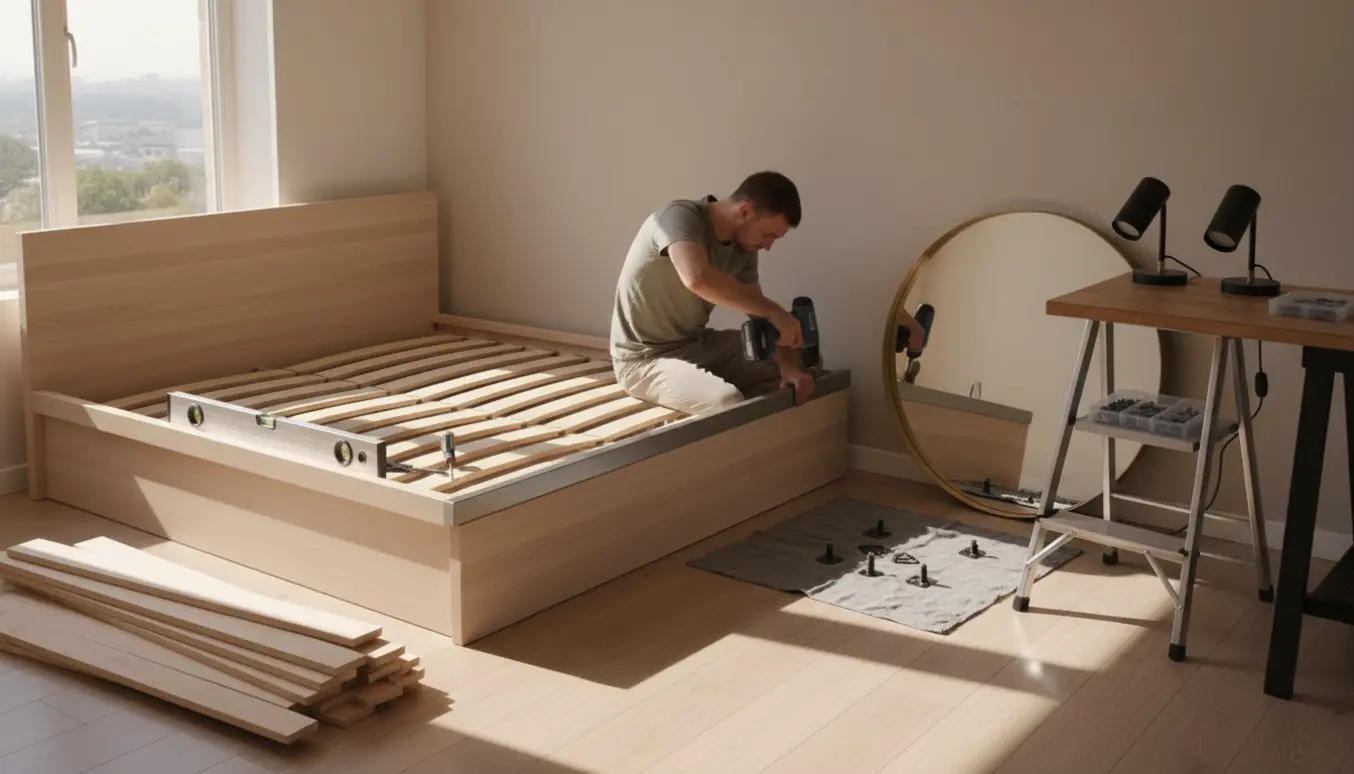 Hænder skrue skinner fast på en lav sengramme, mens spejl og to LED-lamper med beslag ligger klar i et lyst soveværelse.