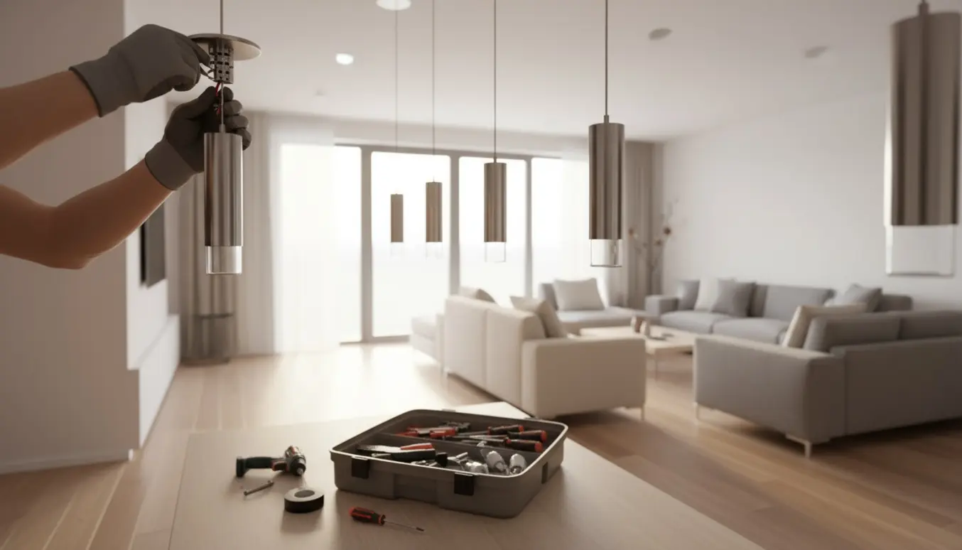 En person monterer en loftlampe i et lyst, moderne rum med værktøj ved siden af.