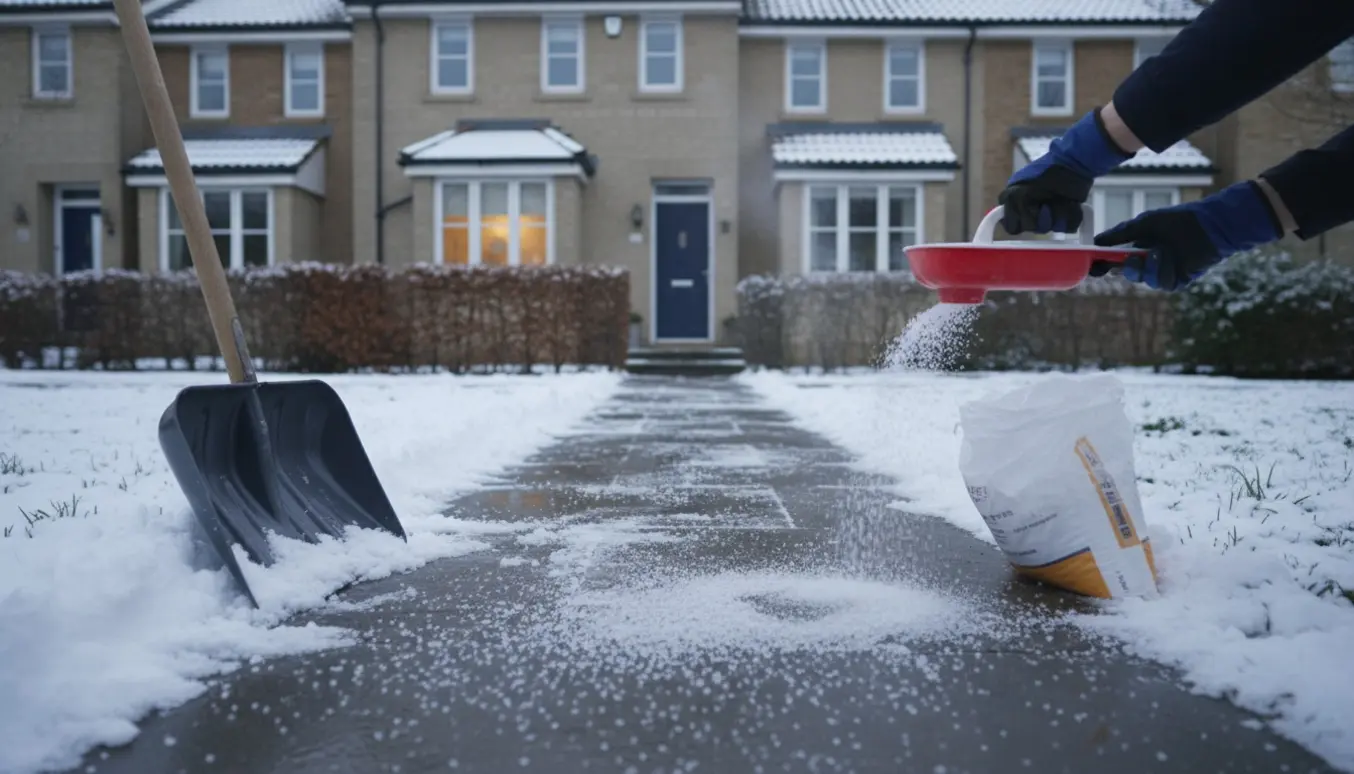 Fortov foran rækkehus ryddet for sne og drysset med salt, med en sneskovl og handsker i forgrunden.