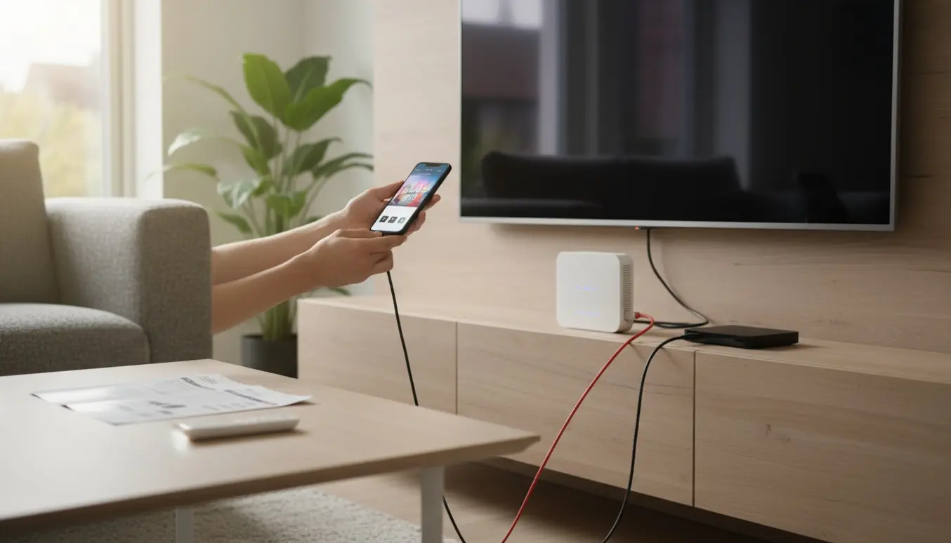 Nærbillede af hænder, der tilslutter HDMI og bruger en smartphone til opsætning af trådløst TV i en moderne stue.