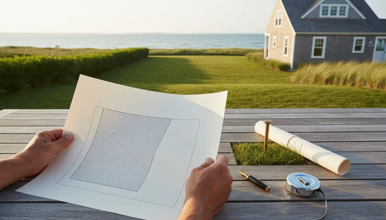 Hænder holder en grundplan med et markeret beskyttet område foran en sommerhusgrund med lav hæk og fri udsigt.