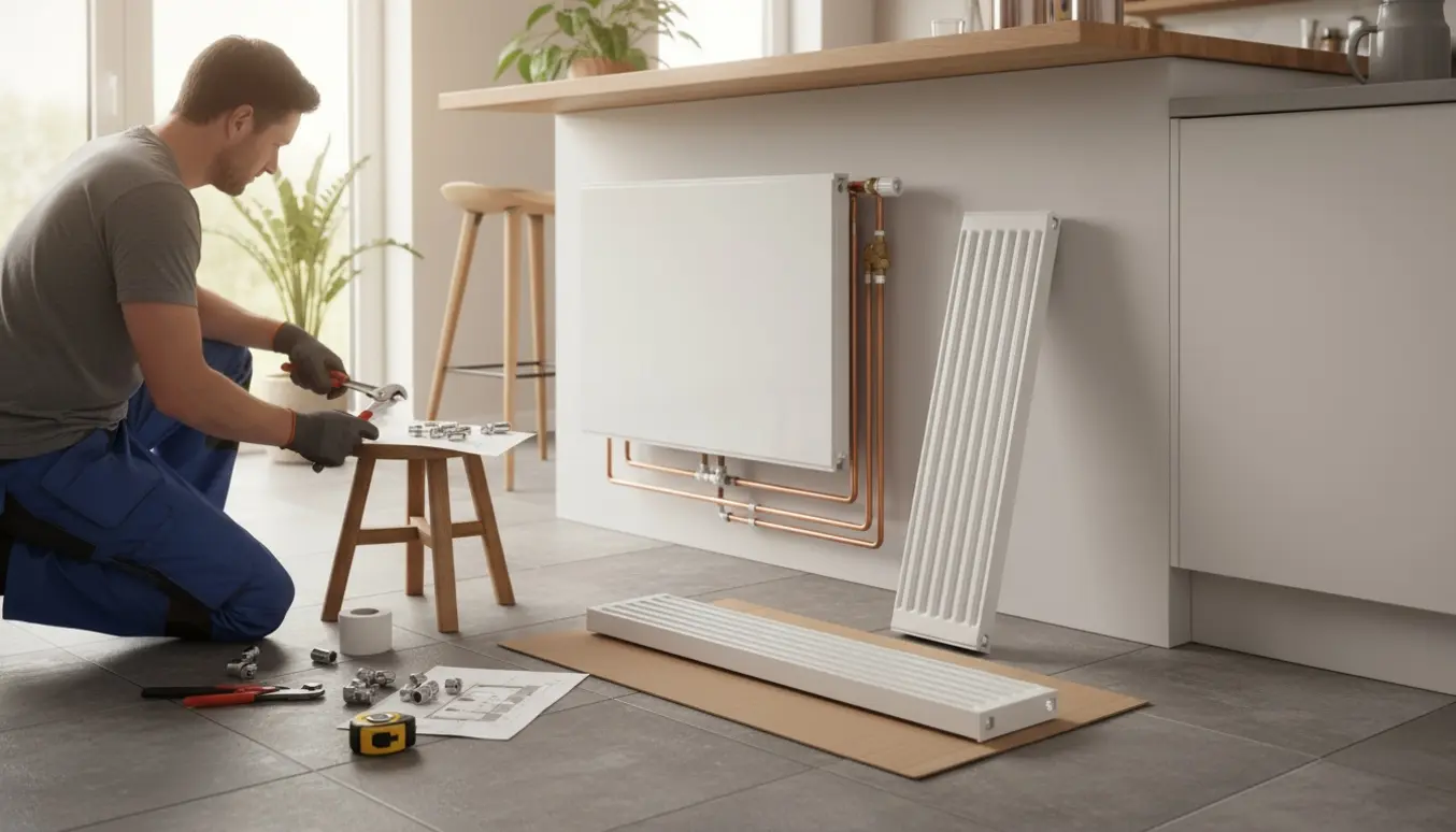 VVS'er forbereder udskiftning af radiator under en bardisk i et lyst, skandinavisk køkken.