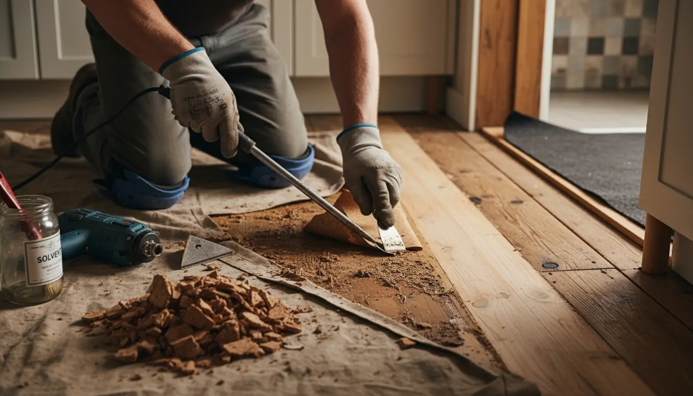 Håndværker fjerner korkgulv og skurer lim væk, så plankegulvet i køkkenet kommer frem.