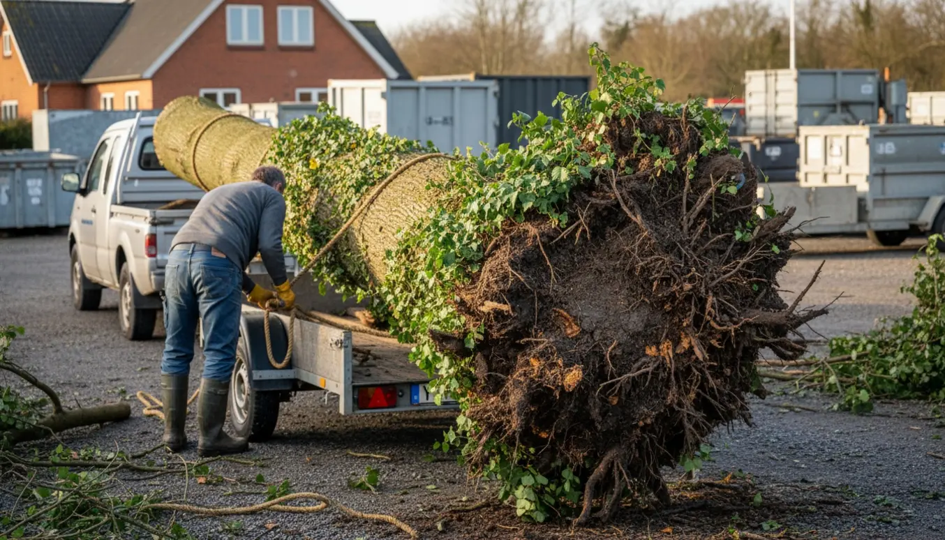 Et efeudækket, stormfældet træ lagt på en trailer klar til aflevering på genbrugspladsen.
