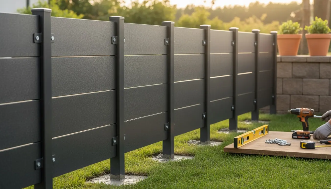 Nærbillede af et lille stykke stålhegn med cirka seks fag og otte stolper under montering i en have.