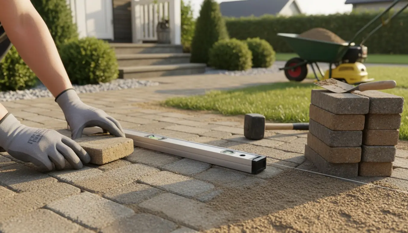 Nærbillede af fliselægning i forhaven med herregårdssten, værktøj og hænder, der placerer en sten.