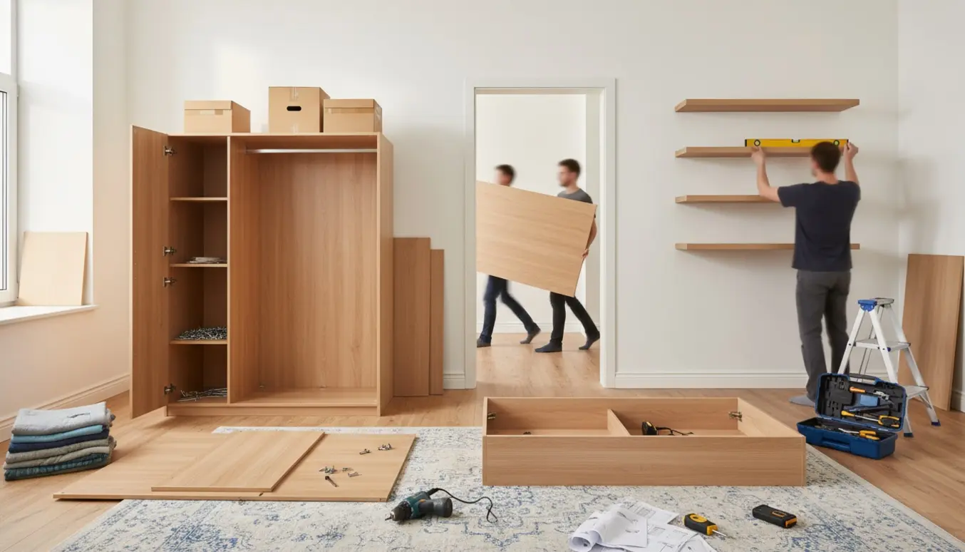 Montage af garderober og opsætning af fire reoler i en lys lejlighed med værktøj og træpaneler.