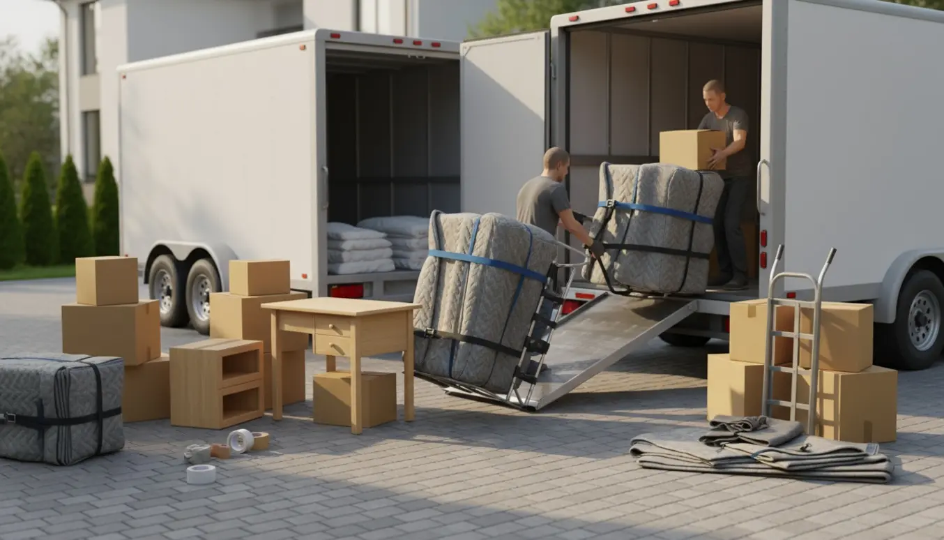 Papkasser, skrivebord og små skabe bliver læsset ind i en varevogn med trailer under en flytning.