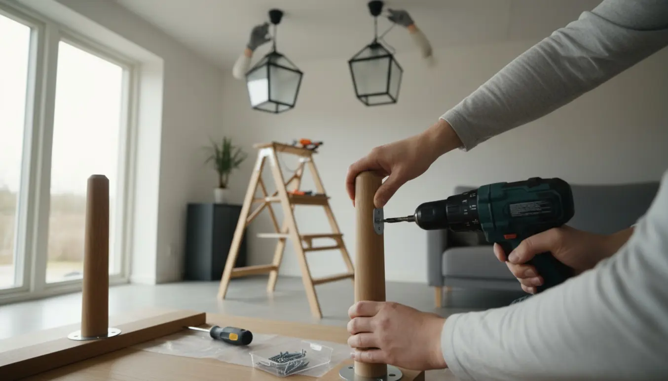 Hænder monterer et rundt bordben med boremaskine under et lille træbord, mens to lanterner hænger fra loftet.