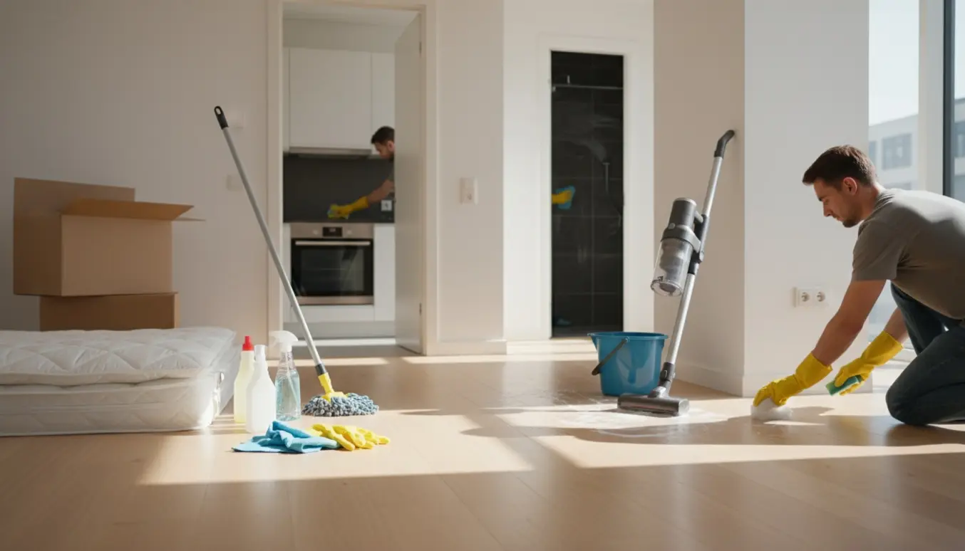 Flytterengøring i en tom 77 m² lejlighed med moppe, spand og personer uden synlige ansigter.