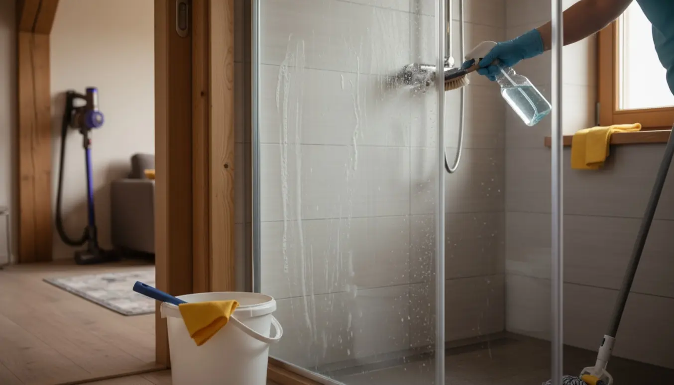 Nærbillede af rengøring i bruseområdet med en handske og børste der fjerner kalk fra fliserne i en lejlighed med skrå vægge og synlige træbjælker.