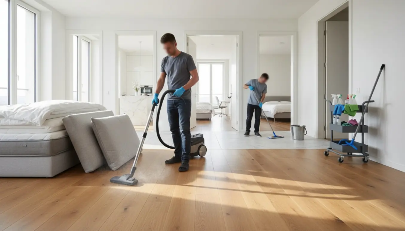 Rengøringsperson støvsuger møbler og gulve i et lyst hjem, mens en anden person vasker gulvet med moppe.