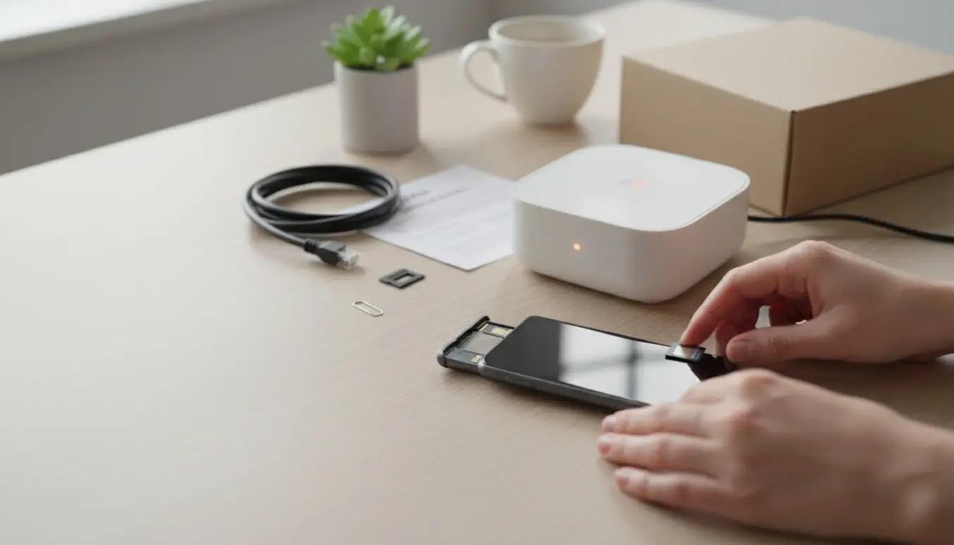 Hænder sætter et nyt SIM-kort i en smartphone ved siden af en ny trådløs router på et lyst, ryddeligt bord.