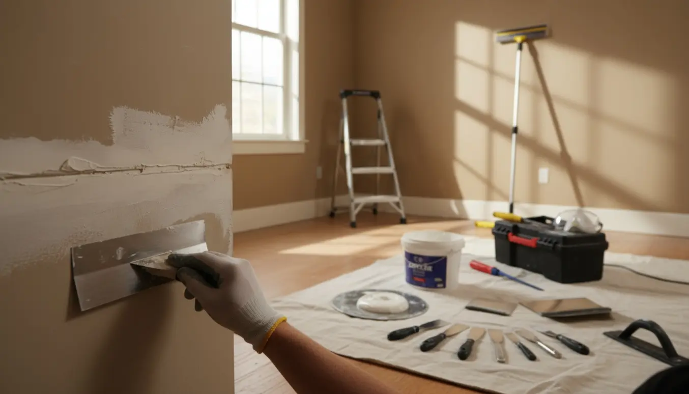 Hænder glatter spartelmasse ud på en væg i et lyst rum med spartelbøtte og værktøj på gulvet.