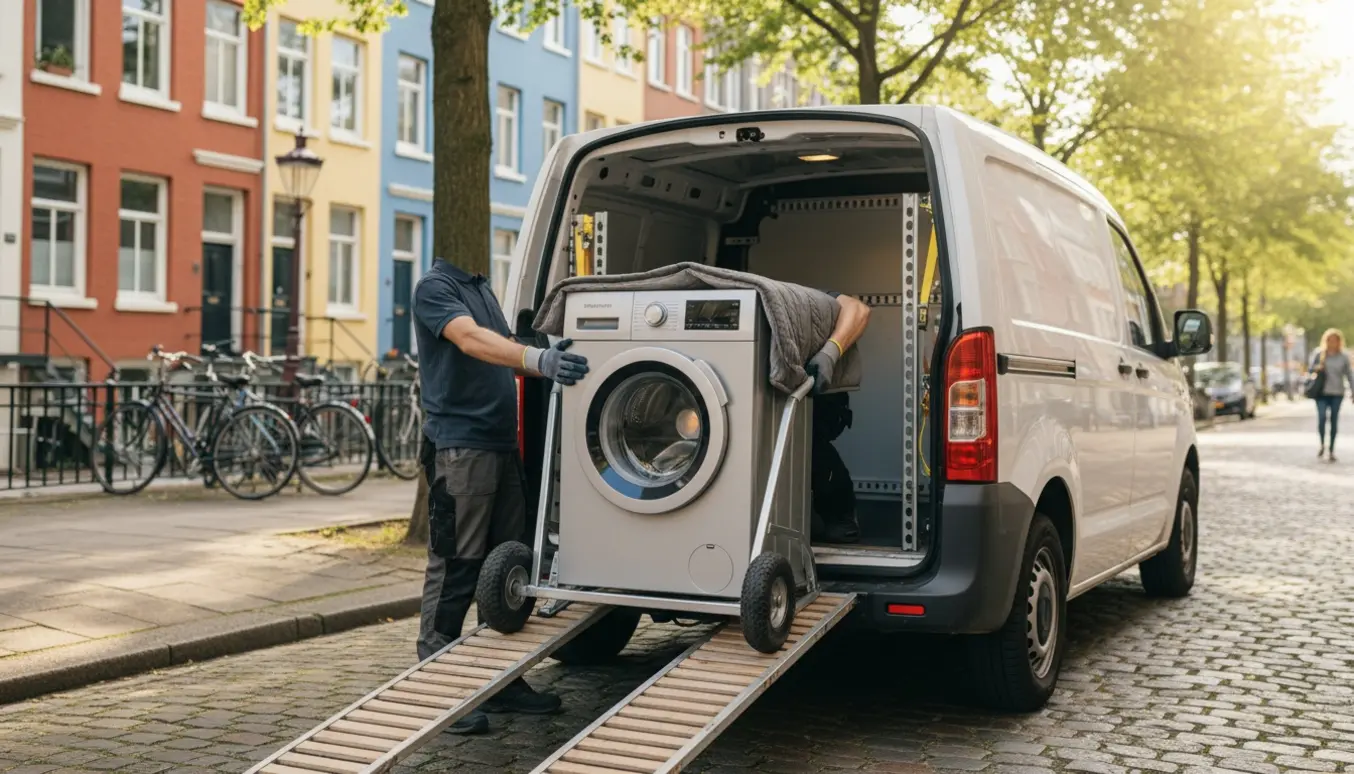 Vaskemaskine på håndtruck ved åben varevogn på en københavnsk villavej, klar til transport.
