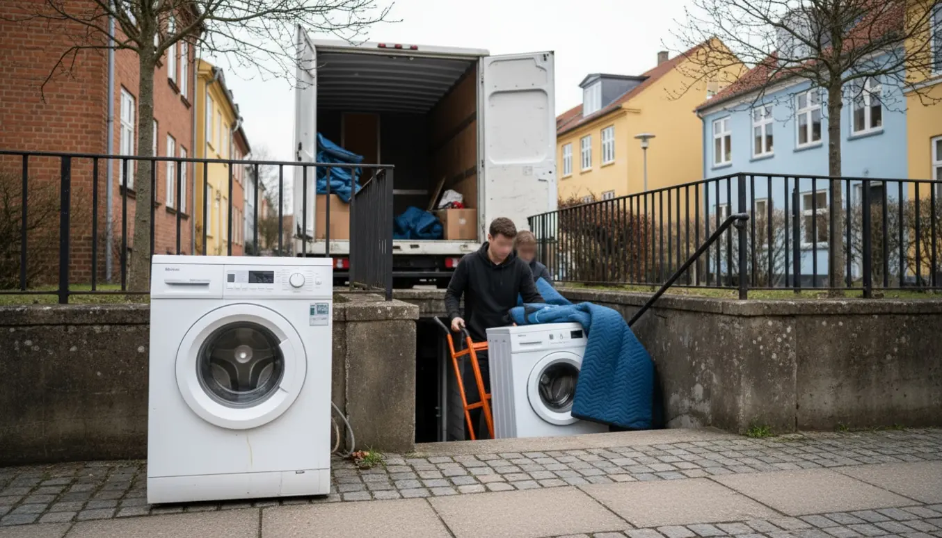Flyttefolk bærer en vaskemaskine mellem kældre, mens en gammel maskine står ved kantstenen klar til storskrald.