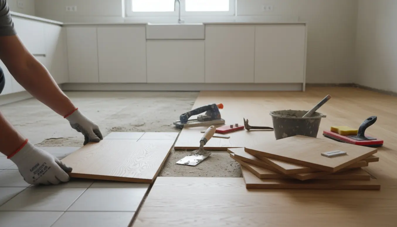 Hænder lægger nyt parket ved siden af fjernede køkkenfliser med værktøj og materialer i naturligt dagslys.