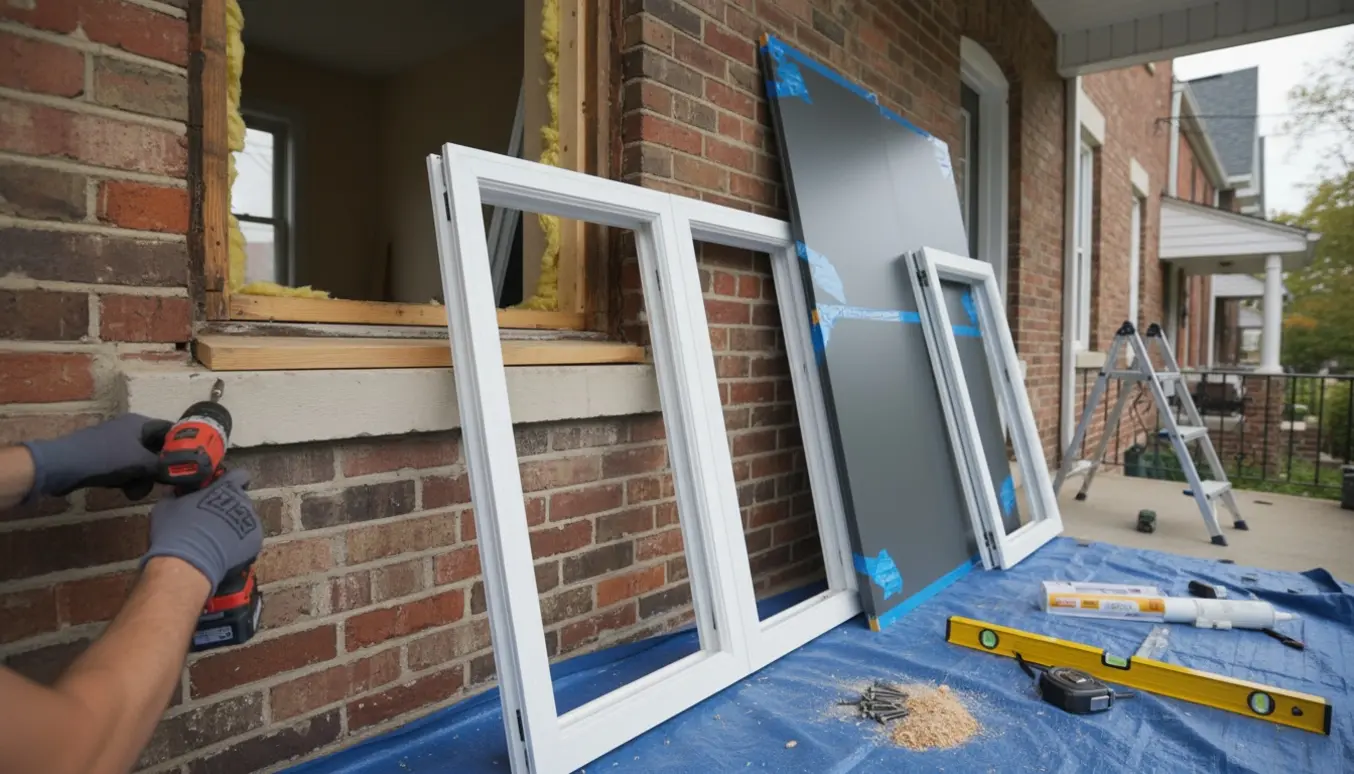 Udskiftning af vinduer og døre i et rækkehus med nye rammer, værktøj og arbejderes hænder i fokus.