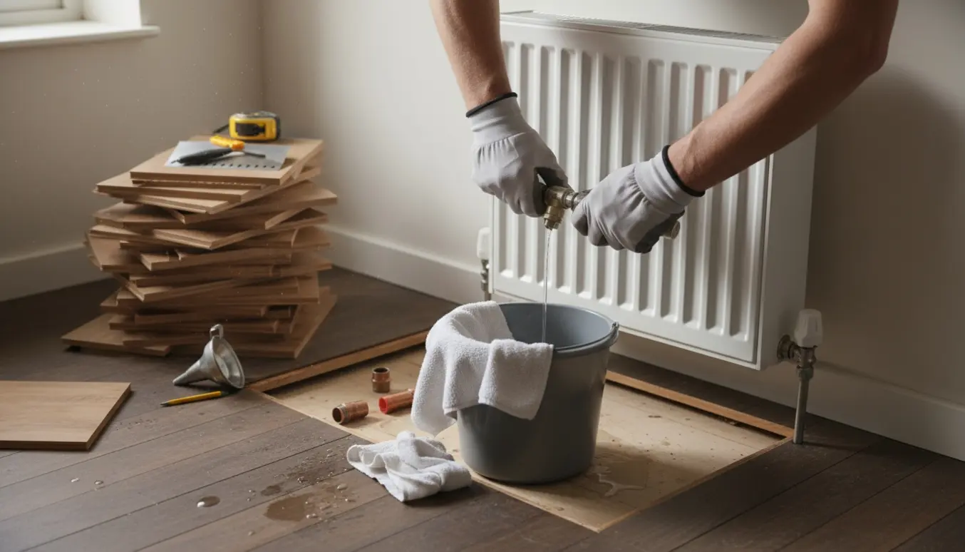 Nærbillede af en lille vægradiator der bliver afmonteret med skruenøgle og spand til opsamling af vand, mens nye gulvbrædder står klar.