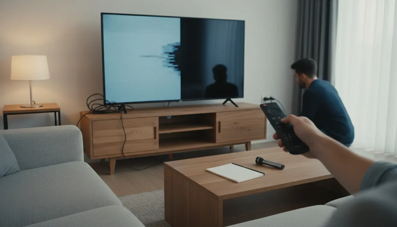 Et tv i en stue, der blinker, med fjernbetjening og en hånd, der trækker stikket ud.