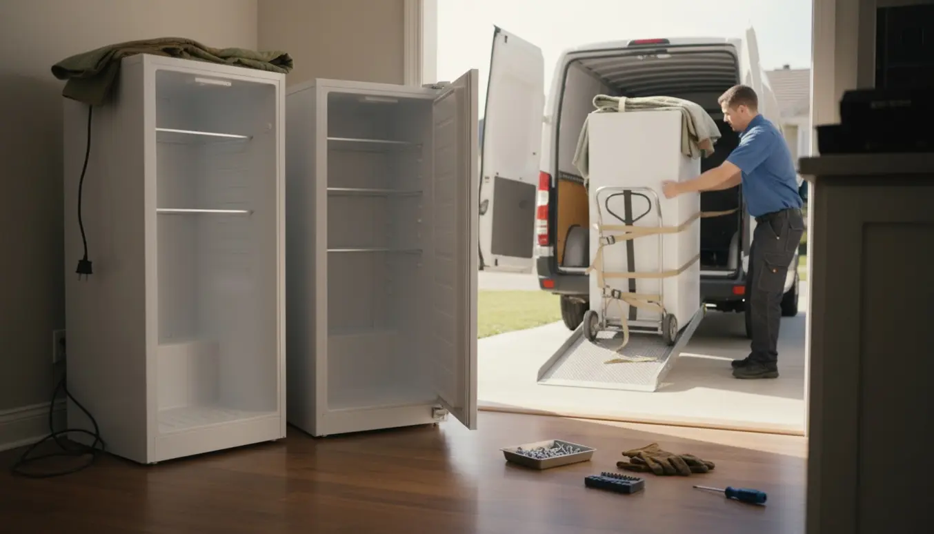 To frakoblede, integrerede hvidevarer på indkørsel klar til miljøvenlig afhentning med værktøj og flyttematerialer.