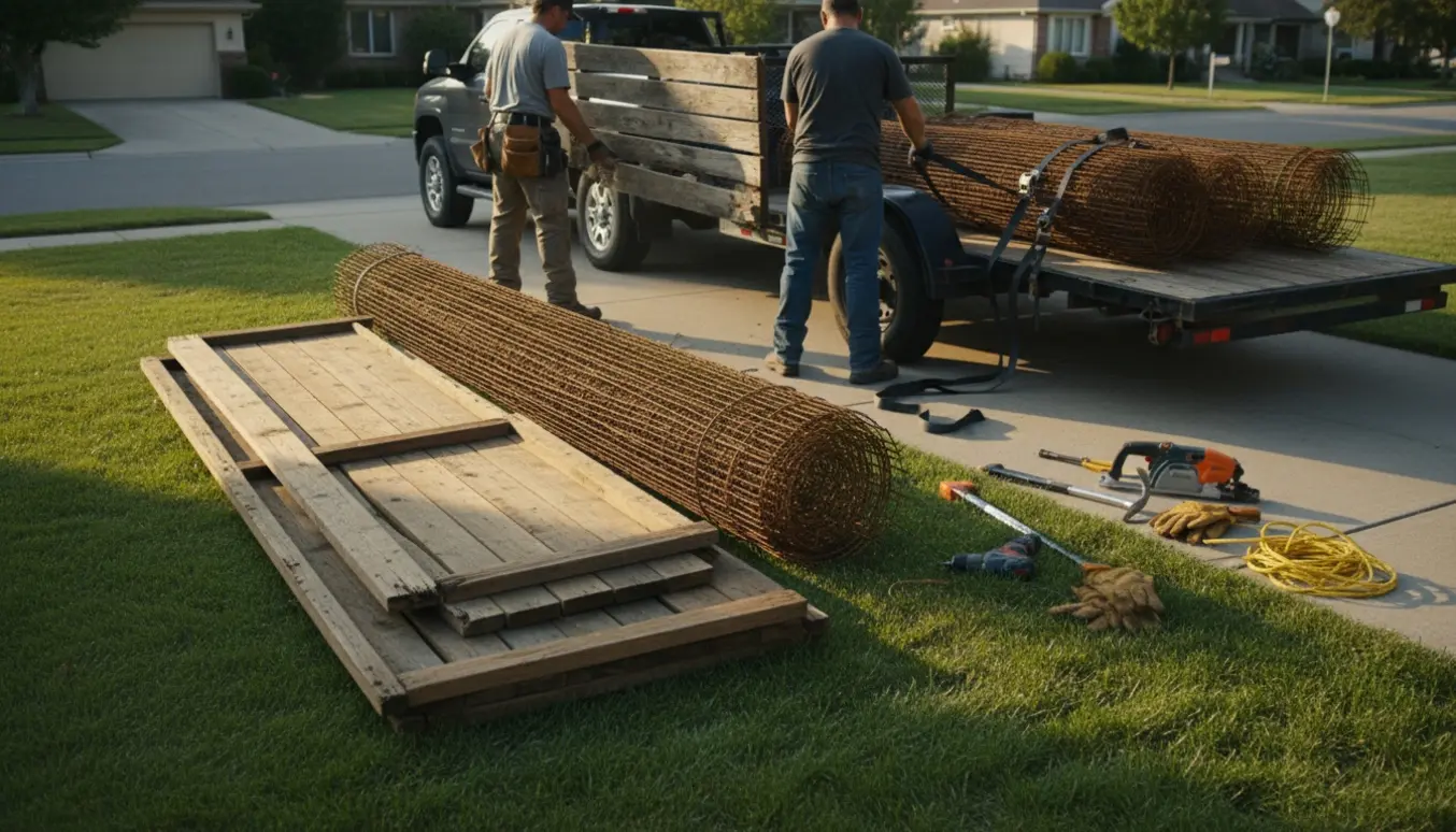 Hegnssektioner læsses på en trailer i en indkørsel af arbejdere med skjulte ansigter.