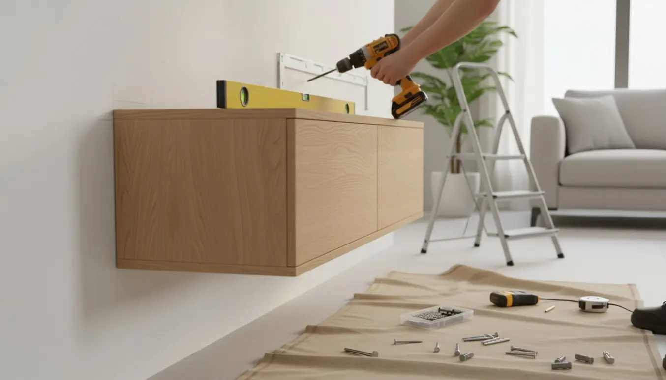 Et lyst egetræsskab hænges på en hvid væg med værktøj og hænder i arbejde, uden synlige ansigter.