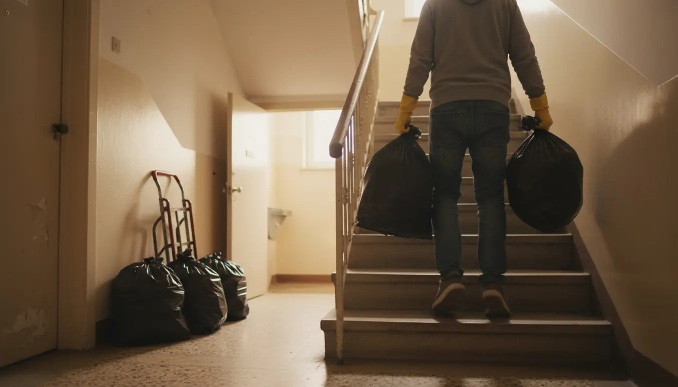 En person bærer flere sorte affaldsposer ned ad opgangens trappe mod skralderummet.