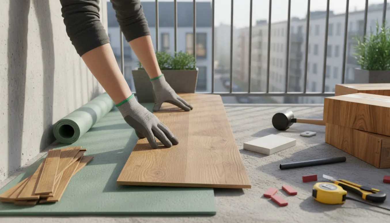 Hænder installerer nyt klikgulv på en altan med gamle brædder og værktøj ved siden af.