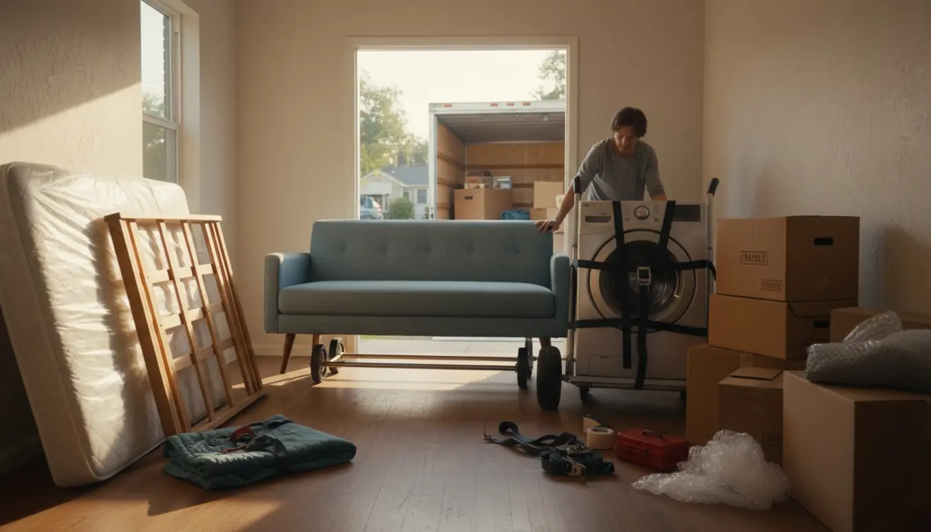 Flytning med indpakkede møbler, sofa, seng, vaskemaskine og stabler af flyttekasser i en lys entré.