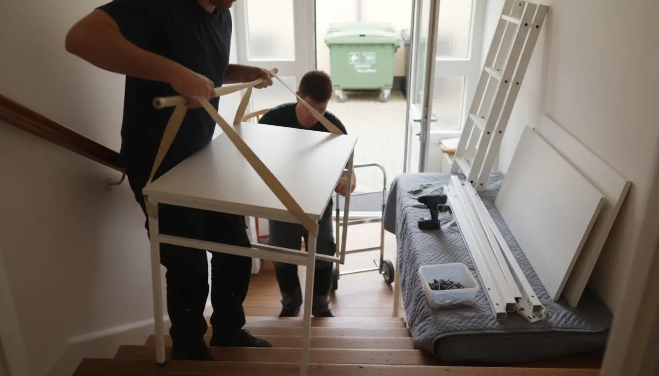Delvist adskilt hvid højseng bæres ned ad trappe mod stor skraldespand med værktøj og flyttetæpper klar.