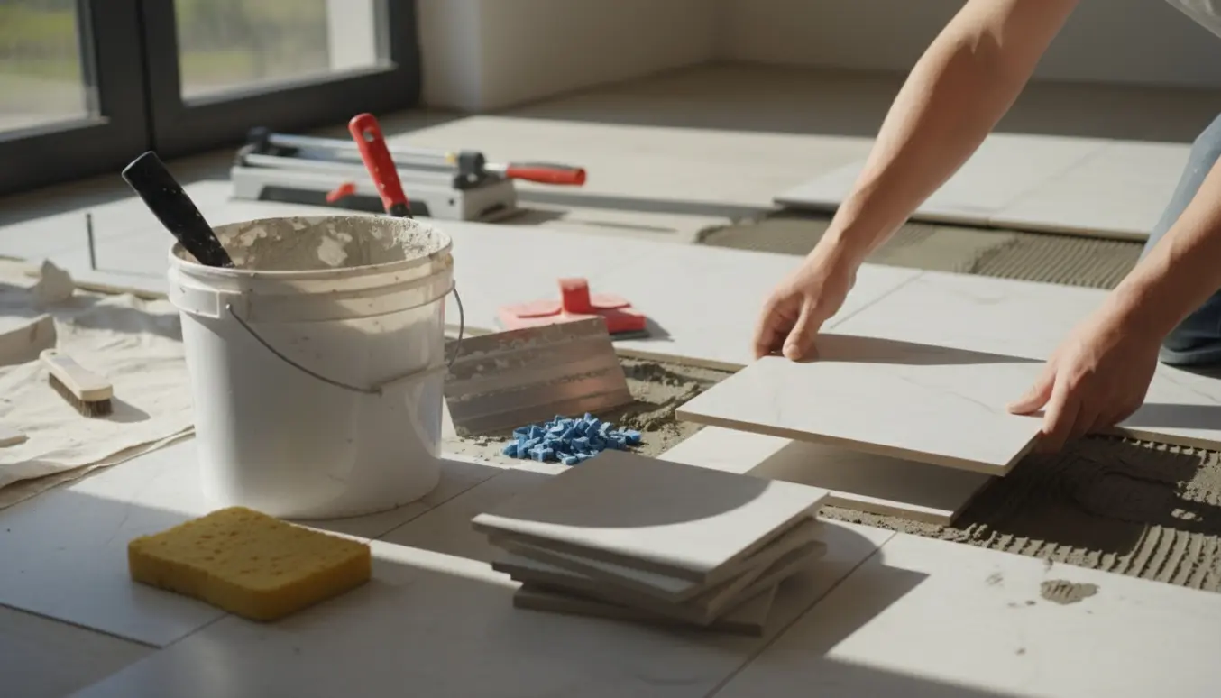 Hænder placerer en vendt flise på et delvist flisebelagt gulv med mørtel og værktøj omkring.