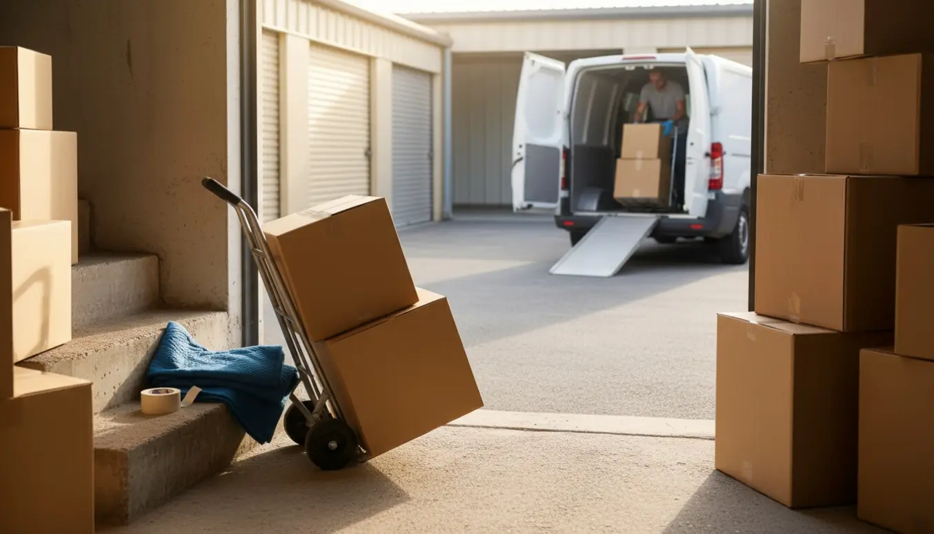 Flyttekasser på en tralle ved åbent lastebagagerum og et opbevaringsanlæg i baggrunden, klar til at blive kørt hen.