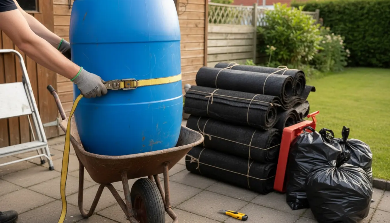 Stak tagpap og en stor blå regntønde i en have klar til bortskaffelse.