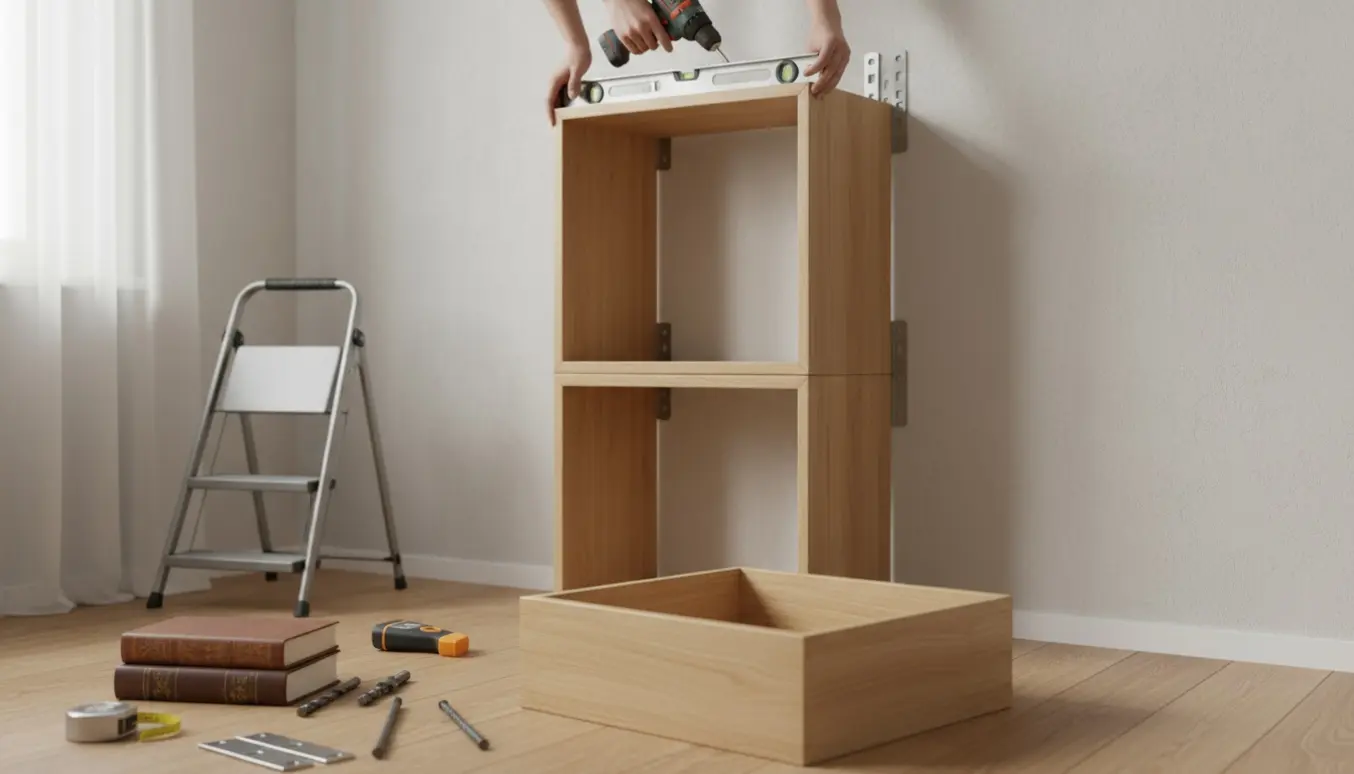 Tre kvadratiske reoler hænges som en lodret søjle på en bærende væg, håndværker fastgør midterste reol med boremaskine og kraftige beslag.