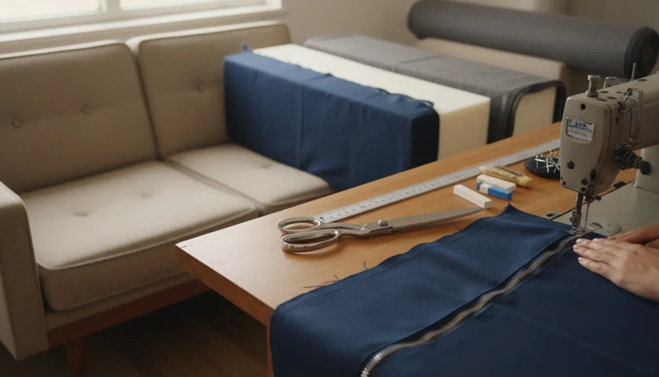 Nærbillede af syning af kraftige betræk til to smalle madrasser på en sofa med stof, lynlåse og symaskine.