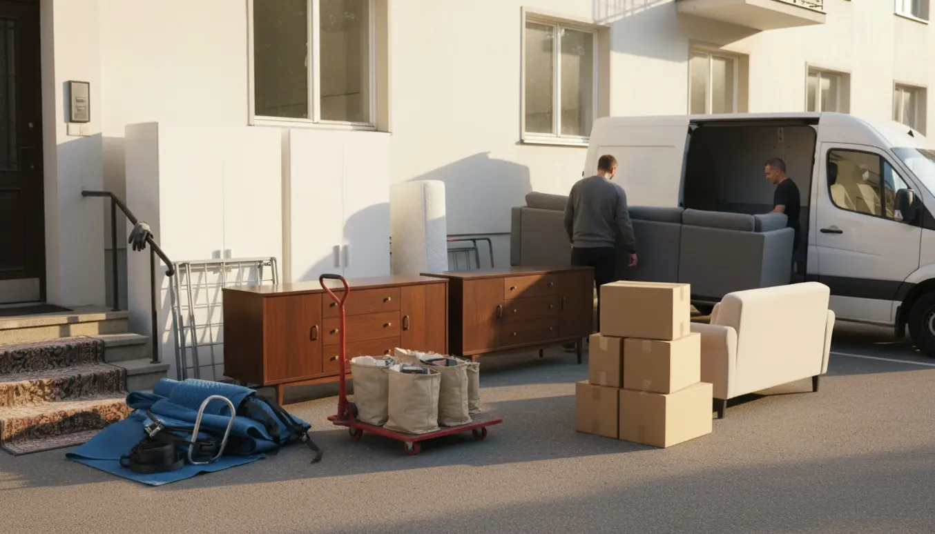 Flyttefolk læsser hjørnesofa, seng, kommoder og flyttekasser i varevogn foran en lejlighedsopgang i blødt morgenlys.