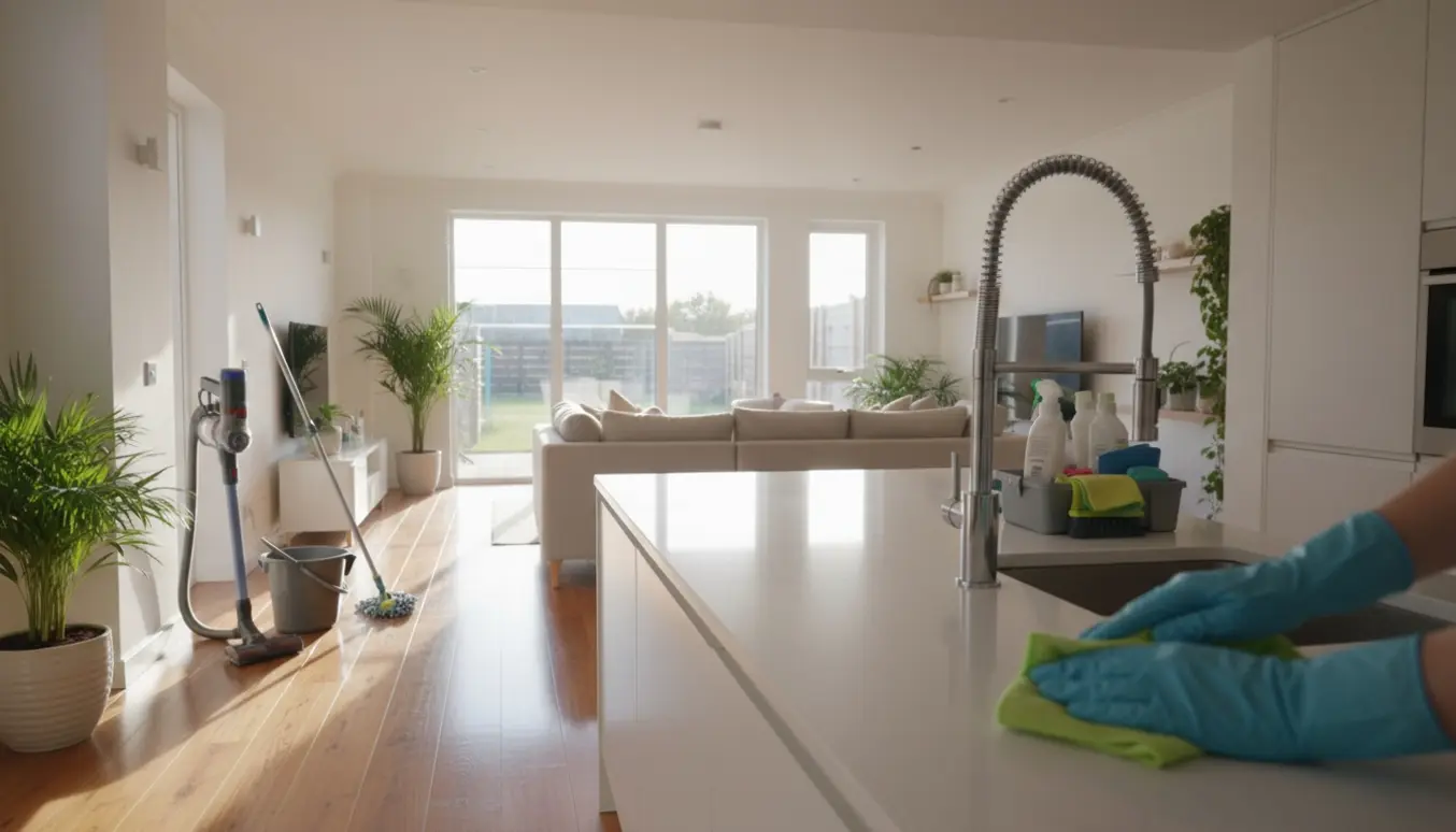 Solrig og ryddelig stue og køkken i parcelhus efter grundig rengøring med moppe, støvsuger og klude.