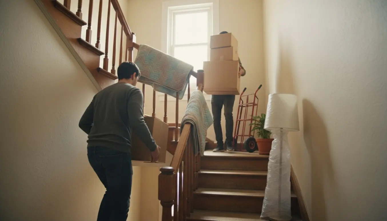 En ekstra hjælper bærer en flyttekasse op ad en smal trappe, mens flyttekasser står på landingen.