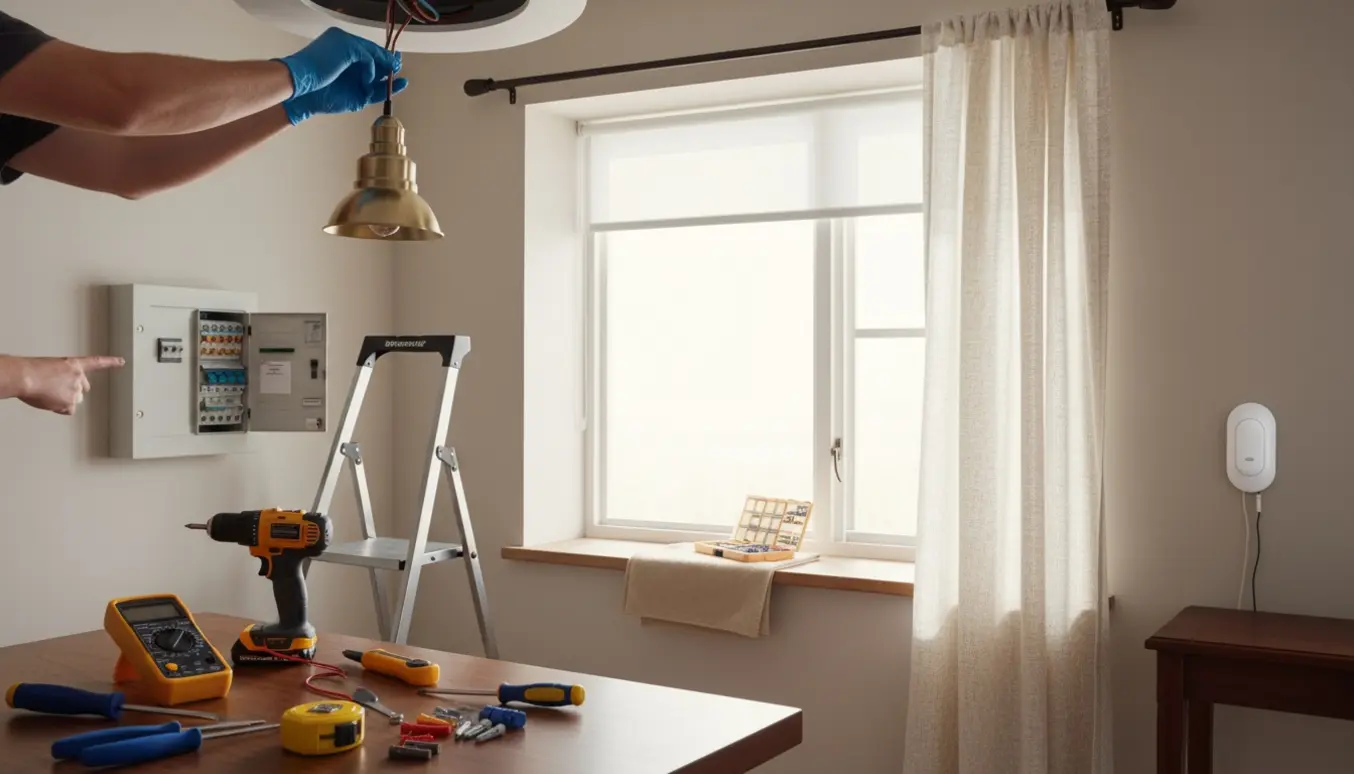 Hænder og værktøj monterer loftlampe, rullegardin og gardinstang med åben eltavle i baggrunden.