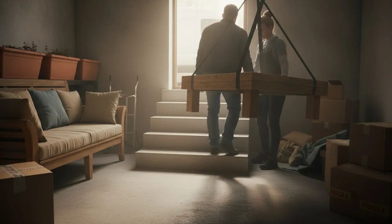 To personer bærer et tungt sofabord op ad en kældertrappe med en åben varevogn udenfor, omgivet af havesofa, puder og store plantekasser.
