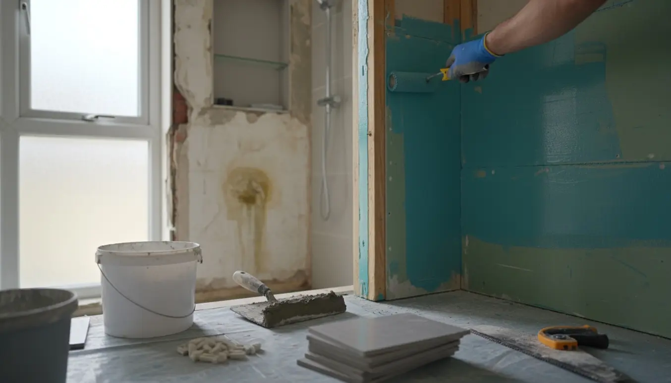 Nyt vandtæt skillevæg i badeværelset under opbygning med membran, cementplader og fliser.