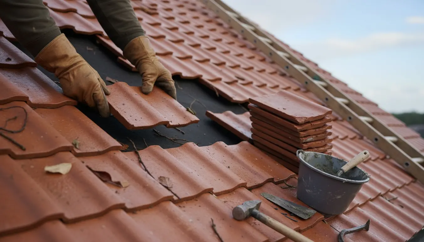 Nærbillede af hænder, der sætter teglsten på plads på et vådt tag efter en storm.