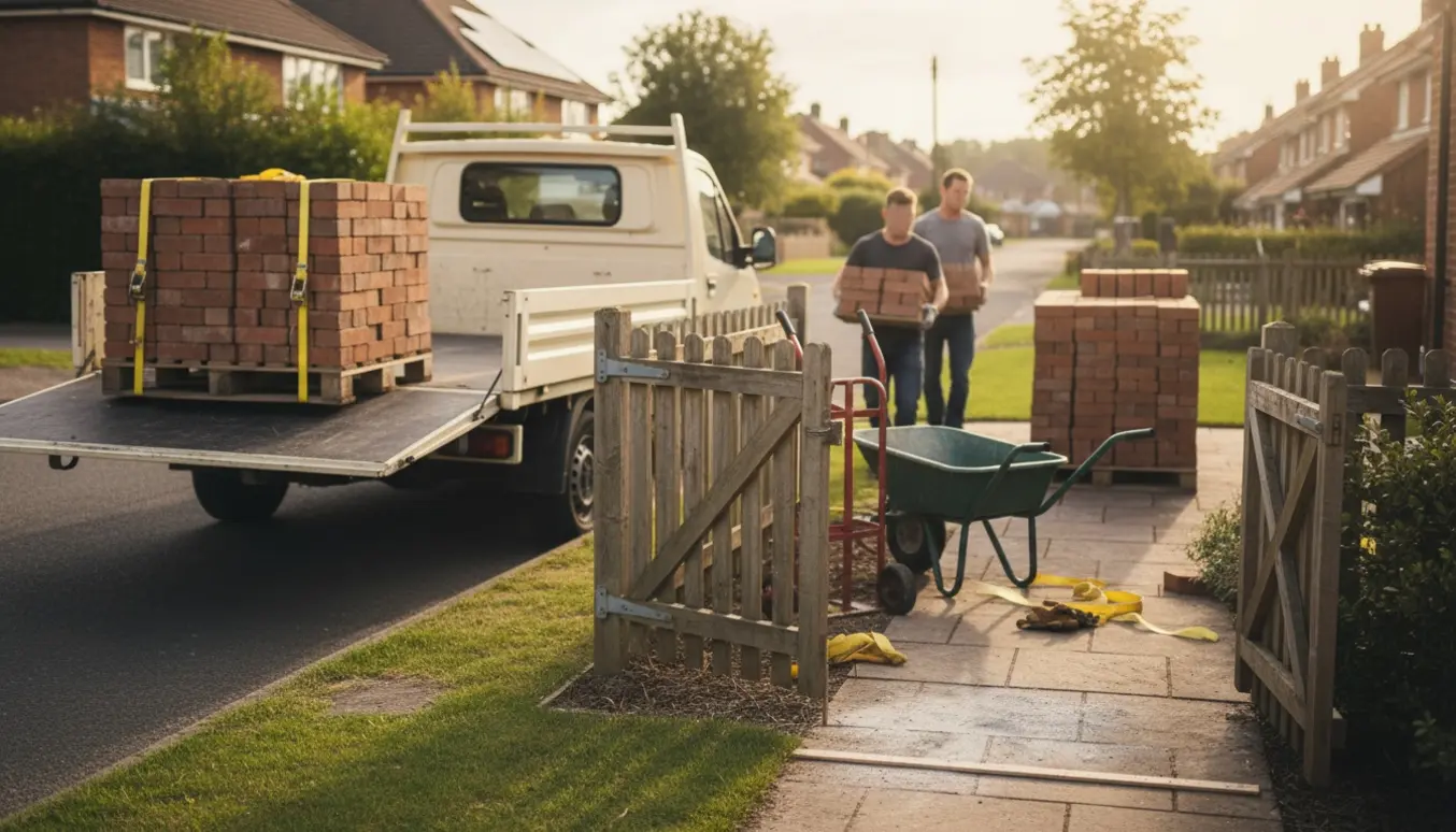 En varevogn leverer og stabler teglsten i en have, to personer bærer teglsten gennem en haveport.